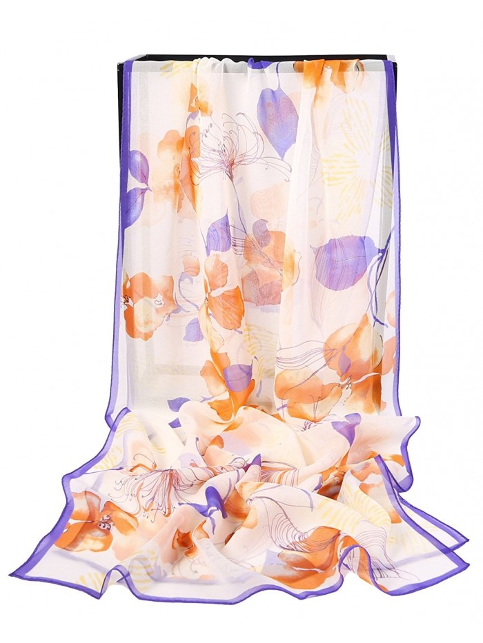 Grace Scarves 100% Silk Scarf- Oblong- Georgette - Floral Watercolor- Orange/Purple - CI1832E0OUY