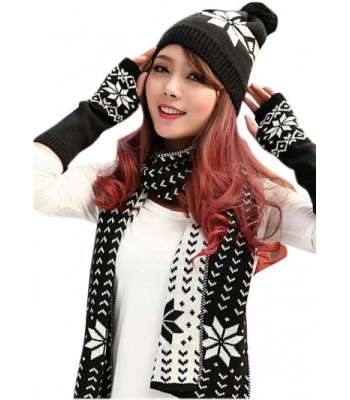 Women's 3 Piece Winter Set-Snowflake Pompom Beanie- Arm Warmers-Reversible Scarf - Black - C71883C8D9G