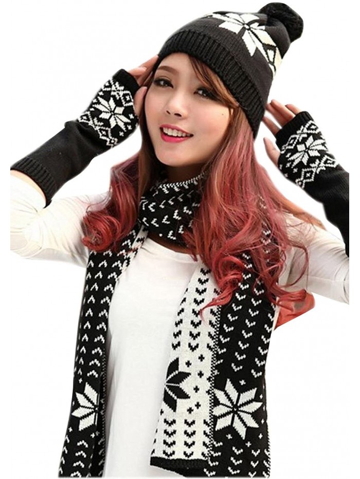 Women's 3 Piece Winter Set-Snowflake Pompom Beanie- Arm Warmers-Reversible Scarf - Black - C71883C8D9G