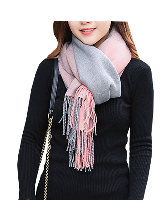 Wander Agio Womens Scarfs Winter Shawls Blanket Scarves Warm Plaid Tassels Scarf - Plaid Pink Grey - CD186YEWX62