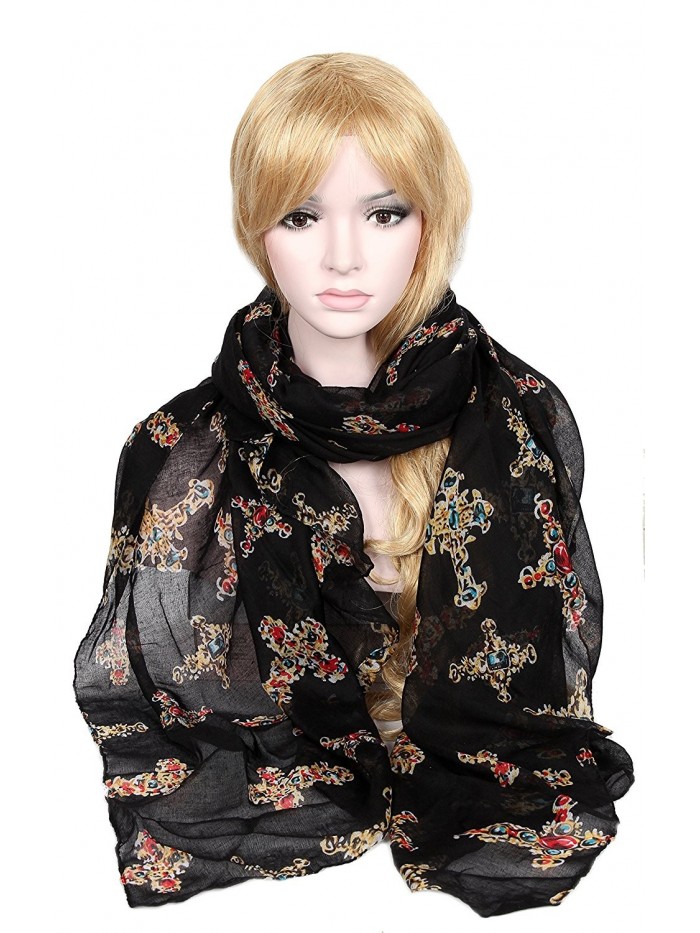 Calonice Black Scarf with artistic Crucifix patterns Stylish shawl 37300 - Black - C51205NTSF1