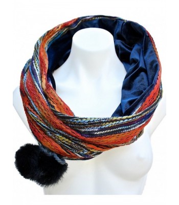 Terra Nomad Women's Velvet Lined Snood Infinity Loop Circle Scarf w/ Pom Poms - Orange/Vintage Blue - C411B516WE3