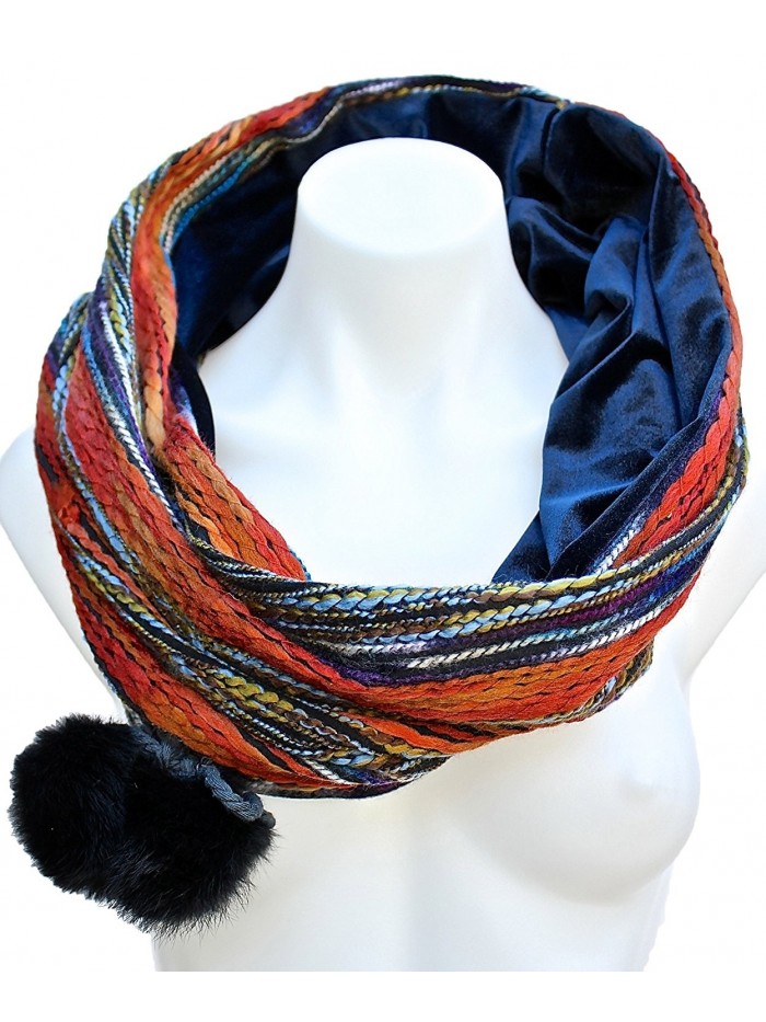 Terra Nomad Women's Velvet Lined Snood Infinity Loop Circle Scarf w/ Pom Poms - Orange/Vintage Blue - C411B516WE3