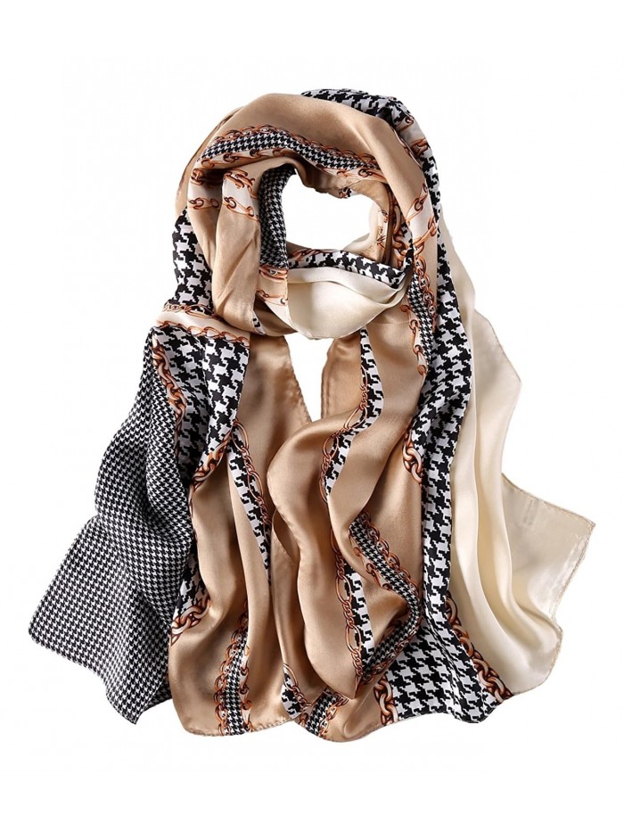 Long Fashion Silk Scarf Floral and Graphic Print - Brown Swallow Grid - C6184YTMKLQ