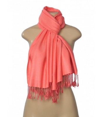Elegant Pashmina Silk Blend Soft Wrap Scarf Shawl for Women - 30+ Solid Colors - Coral - CK12DJX9SKT