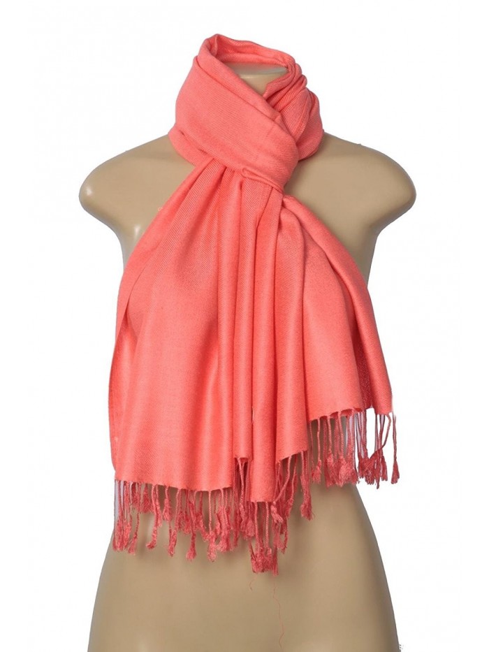 Elegant Pashmina Silk Blend Soft Wrap Scarf Shawl for Women - 30+ Solid Colors - Coral - CK12DJX9SKT