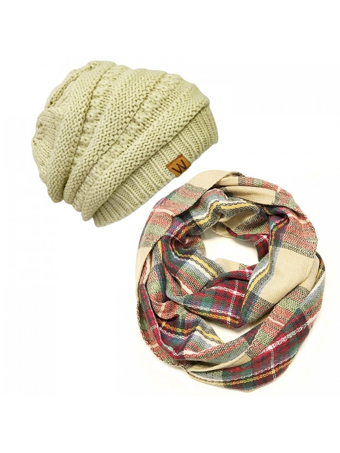 Wrapables Plaid Print Infinity Winter Scarf and Beanie Hat Set- Red and Green - CU12ODYPI8C