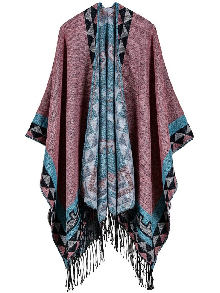 FEOYA Women's Open-Front Poncho Pashmina Shawl Trendy Ethnic Printed Cardigan - Pink - CP1867WNCXE