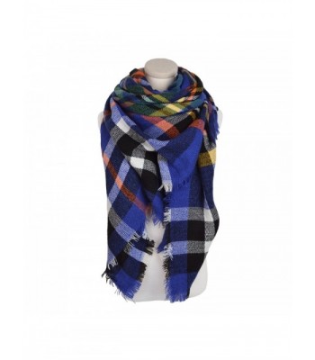 Premium Winter Large Soft Knit Plaid Checked Square Blanket Scarf Shawl Wrap - Blue - C212O3CFBIZ