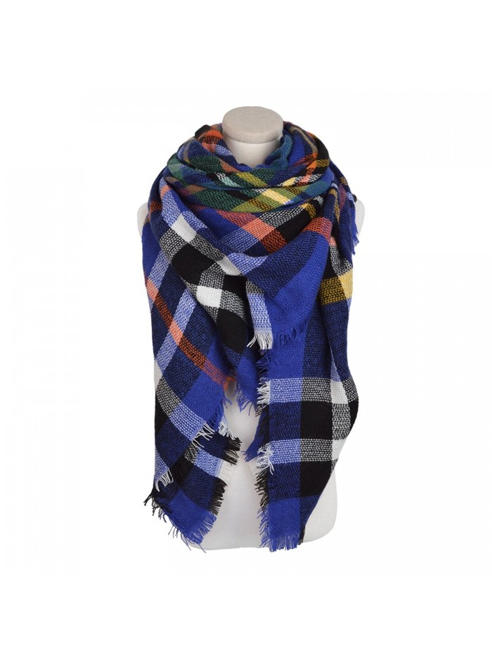Premium Winter Large Soft Knit Plaid Checked Square Blanket Scarf Shawl Wrap - Blue - C212O3CFBIZ