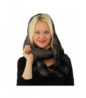 CC Buffalo Plaid Soft Chunky Pullover Knit Long Infinity Hood Cowl Scarf - Dk. Melange Gray/Black - C3186AHA2RW