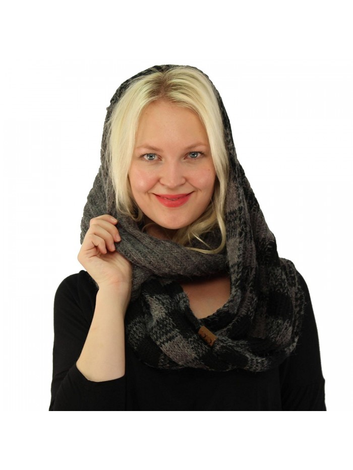 CC Buffalo Plaid Soft Chunky Pullover Knit Long Infinity Hood Cowl Scarf - Dk. Melange Gray/Black - C3186AHA2RW