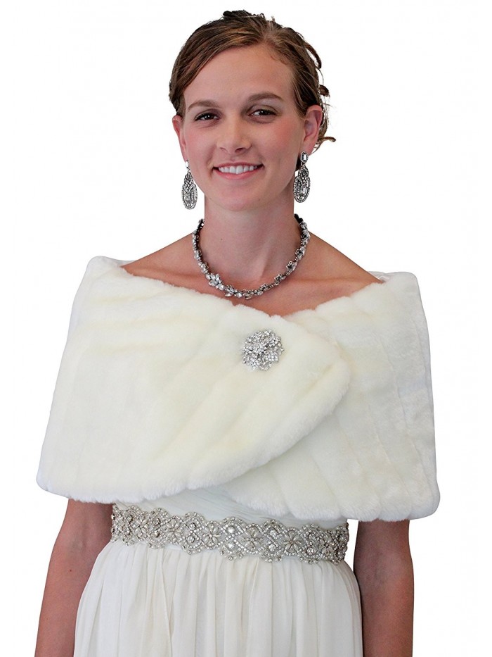 Tion Design Bridal Fur Wrap- Wedding Shawl One Size- Ivory Free Brooch - CC11JTFHMMN