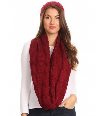 Sakkas Olliey Long Wide Classic Cable Knit Fur Lined Infinity Scarf And Hat Set - Burgandy - CC1836TL2H2