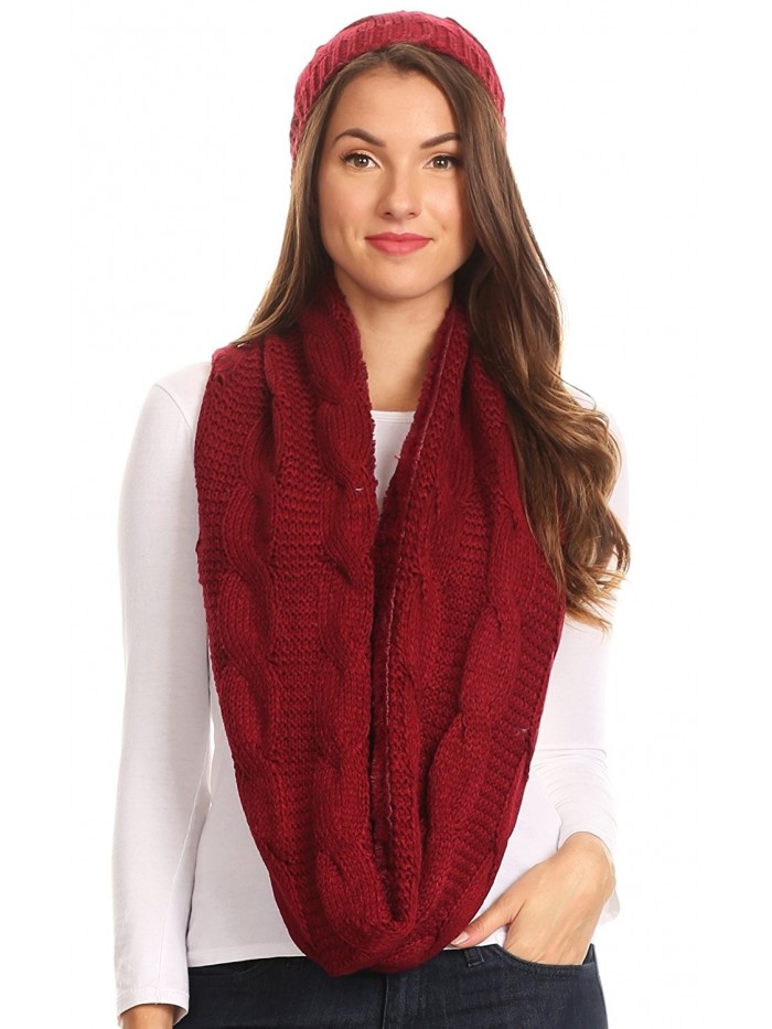 Sakkas Olliey Long Wide Classic Cable Knit Fur Lined Infinity Scarf And Hat Set - Burgandy - CC1836TL2H2