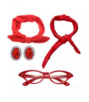 50's Costume Accessories Set Chiffon Scarf Cat Eye Glasses Bandana Tie Headband & Earrings - Red - CI186WNQ8Q6