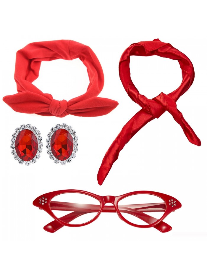 50's Costume Accessories Set Chiffon Scarf Cat Eye Glasses Bandana Tie Headband & Earrings - Red - CI186WNQ8Q6