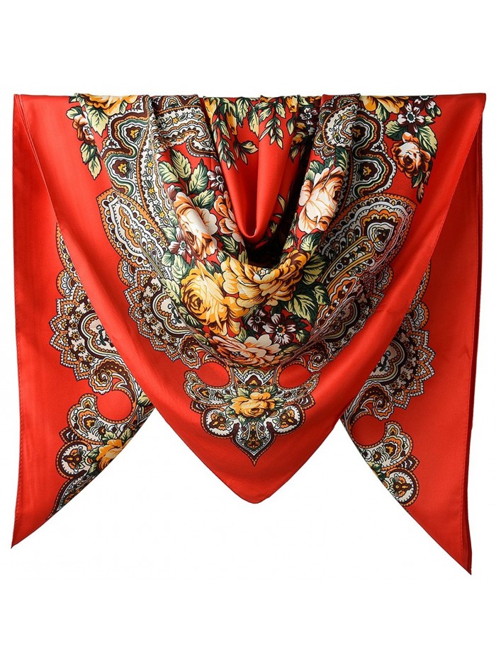 100% Silk Vintage Elegant 40 Inches Female Twill Square Scarf - Cg Red Totem Flowers Pattern - CW188XS7E9G