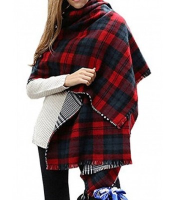Women Cozy Oversize Plaid Blanket Scarf Fringe Large Scottish Check Tartan Wrap - Dark Red - C5186G59N4Y