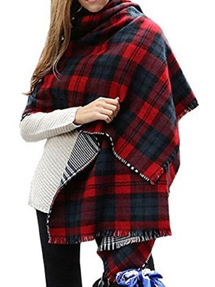 Women Cozy Oversize Plaid Blanket Scarf Fringe Large Scottish Check Tartan Wrap - Dark Red - C5186G59N4Y