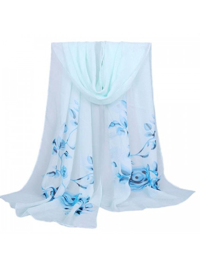 Women's Fashion Long Shawl Buedvo Ladies Chiffon Soft Wrap Flowral Print Scarf (63"x19.7"- Blue) - CL12O67Y2RZ