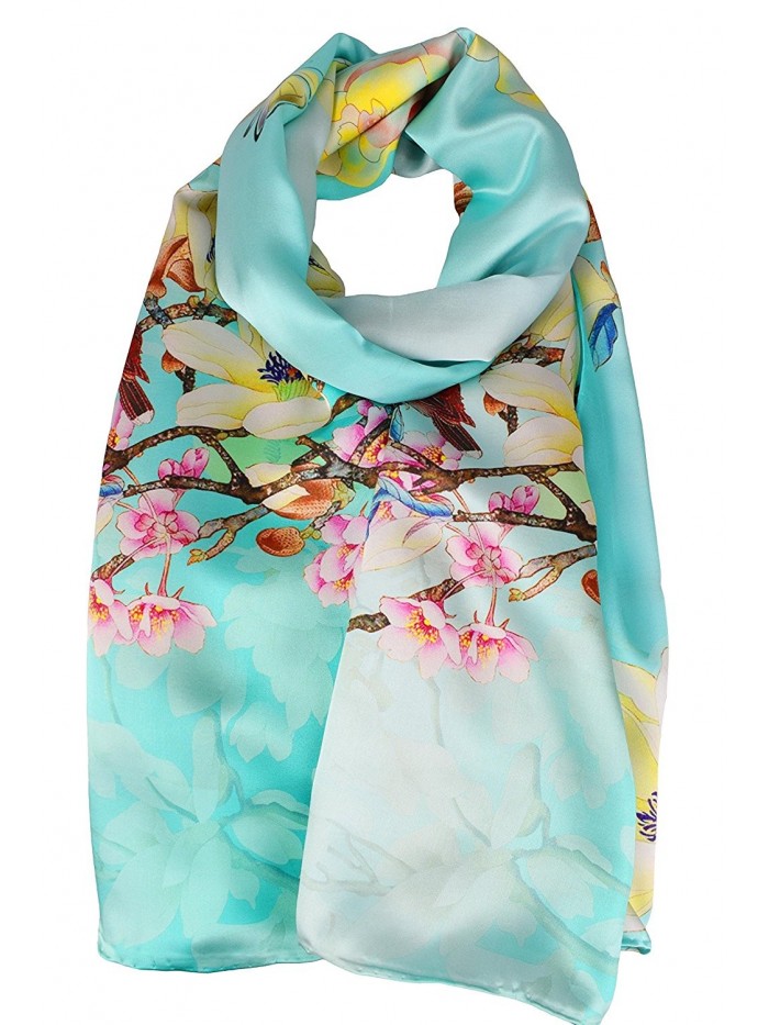 ELEGNA Women's 100% Silk Flower Painting Long Scarf Shawl Hand Rolled Edge - Flower Butterfly - CX12NRQSE5P