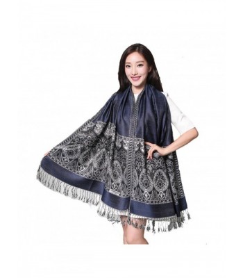 OSEPE Womens Vintage Floral Paisley Pashmina Long Shawl Wrap Scarf Stole - Navy - CI12MZKJDEK