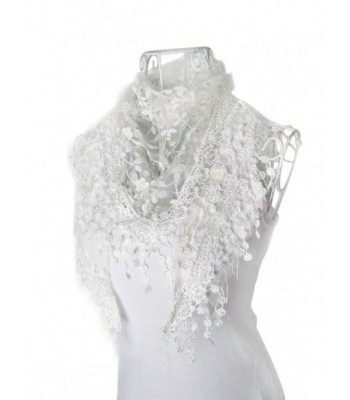 DaySeventh Fashion Lace Tassel Sheer Burntout Floral Print Triangle Mantilla Scarf Shawl (White) - C211GK3XYAF
