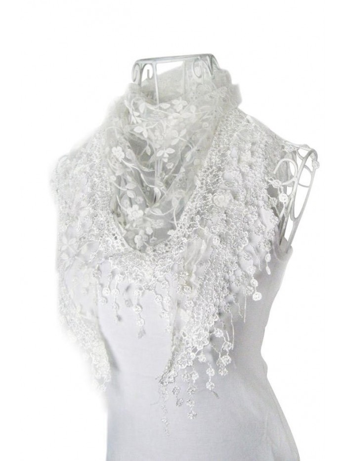 DaySeventh Fashion Lace Tassel Sheer Burntout Floral Print Triangle Mantilla Scarf Shawl (White) - C211GK3XYAF