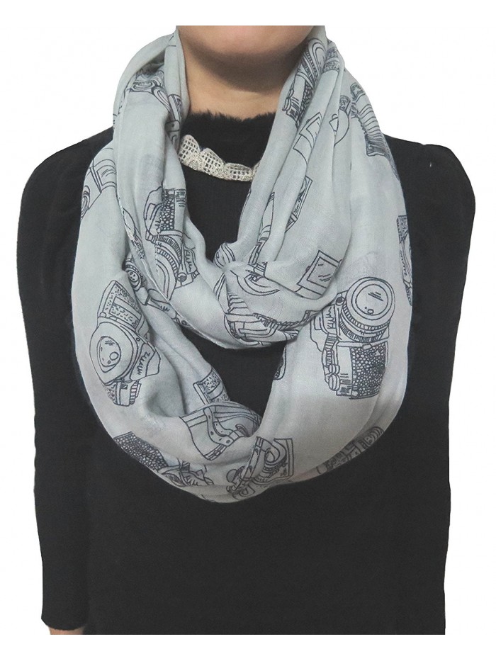 Lina & Lily Vintage Camera Print Loop Infinity Scarf for Women Lightweight - Grey - CJ11PCLIHHR