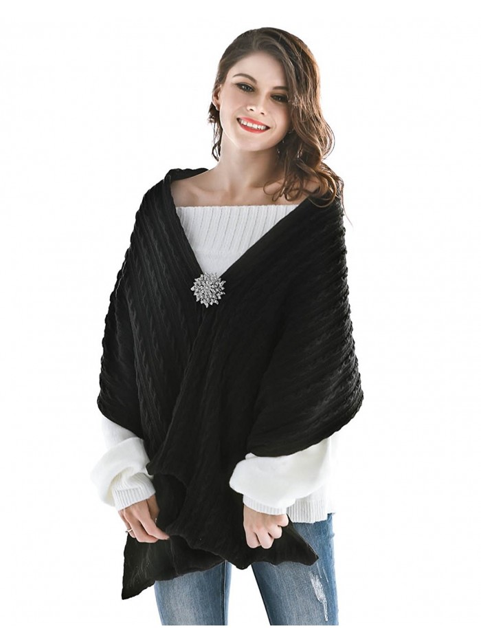 Aukmla Women's Knitted Scarf Pashminas and Shawls Poncho with Brooch - Black - C7186T0H6RL