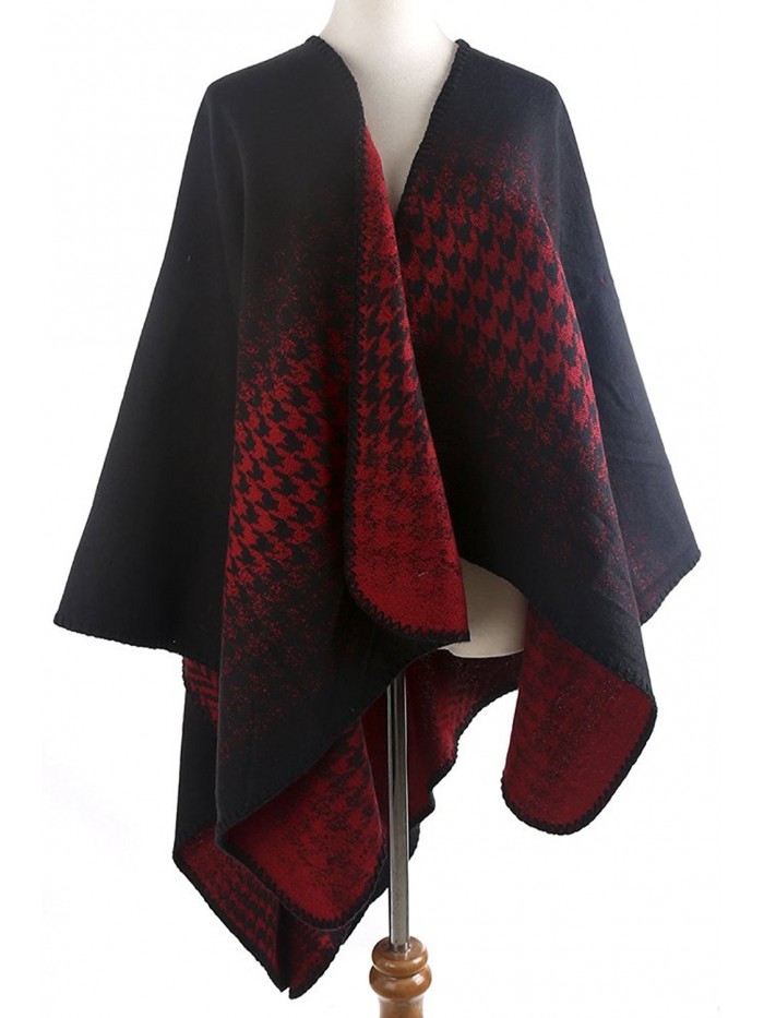 QZUnique Women's Blanket Winter Houndstooth Knitted Cardigans Scarf Shawl Poncho Cape - Black Red - CU1896SYLWC