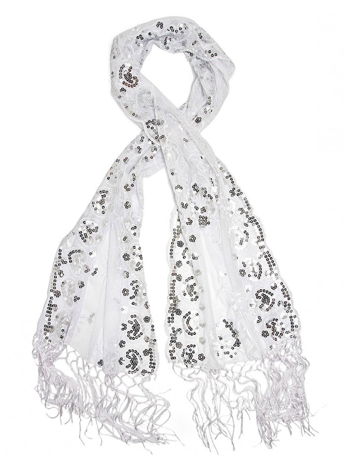 Bohomonde Madison Shawl- Long Fringe Sequin Evening Wrap - White/Silver - CB11NL5CB4B