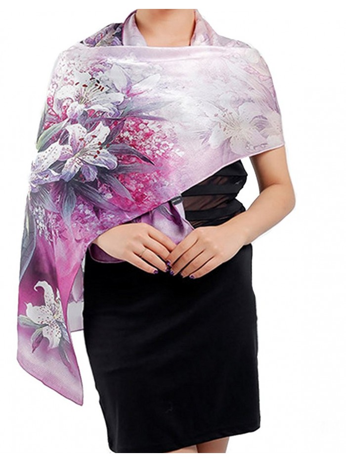 Helan Women's Real Natural Silk 180 X 50 cm Long Scarves - Purple Lily Ink Painting - C512MR6CCW5