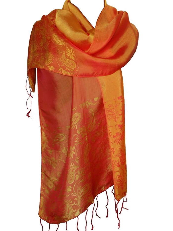 Silk Scarf Shawl with Floral Print and Contrasting Color - Orange - One ...