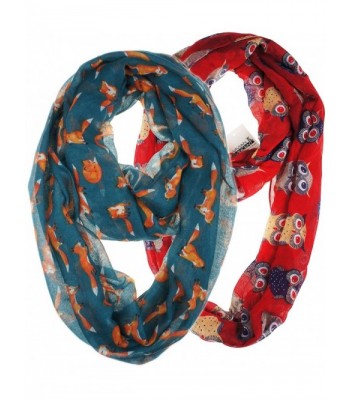 Vivian & Vincent 2 Pack of Soft Light Weight Elegant Sheer Infinity Scarf (Gift Idea) - Red Owl & Steel Blue Fox - C0188ATYCGU