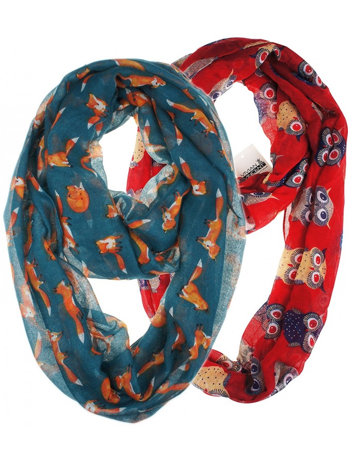 Vivian & Vincent 2 Pack of Soft Light Weight Elegant Sheer Infinity Scarf (Gift Idea) - Red Owl & Steel Blue Fox - C0188ATYCGU