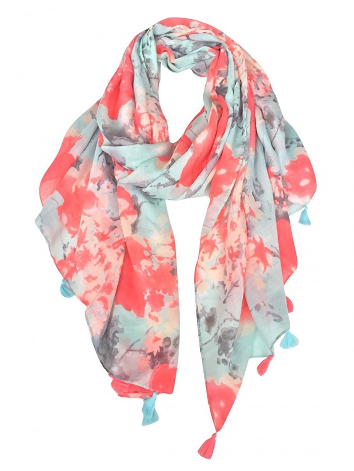 GERINLY Womens Scarves: Blumarine Floral Pattern Soft Wrap Scarf - Orangered+lightcyan - CJ126OXLOFX