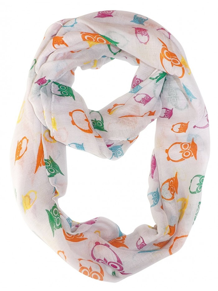 Peach Couture Stunning Colorful Lightweight Vintage Owl Print Infinity Loop Scarf - White - CK11OP1EUCV