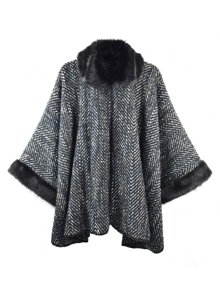 Bruceriver Women Luxury Faux Fur Poncho Topper Cloak Coat Sweater Cap Wraps - Col.1-black - CM188O63QSA