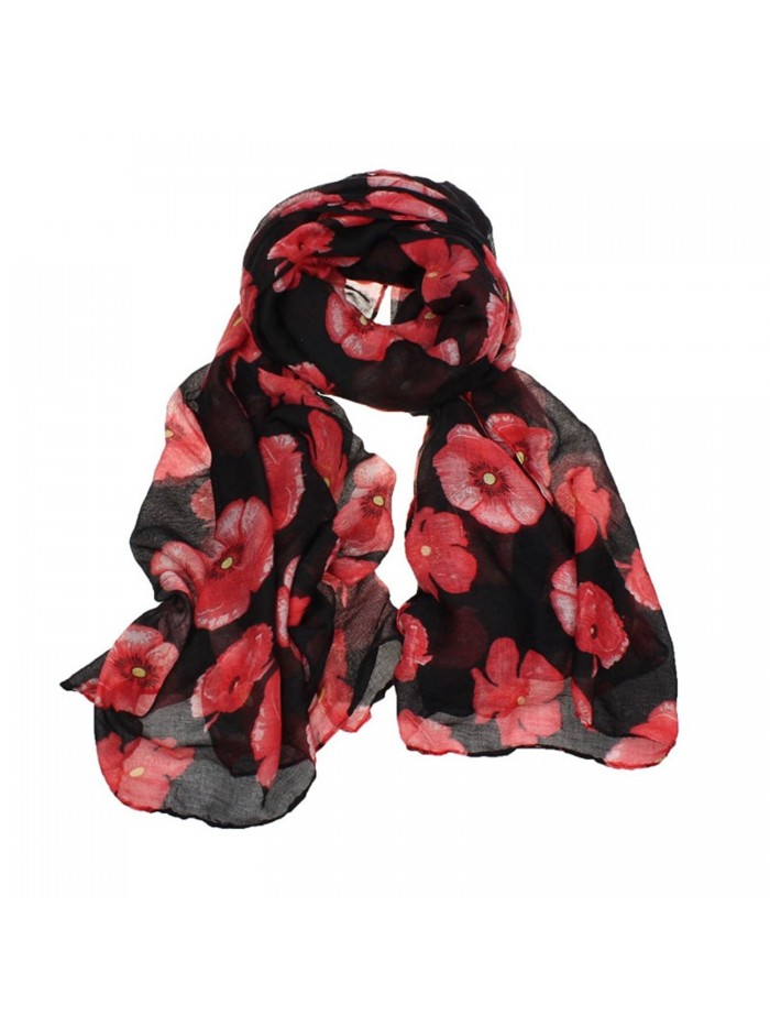 Wensltd Clearance Red Poppy Print Voile Scarf Floral Stole Shawl - Black - CT12C27DQ83