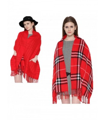 Da Ben Tai Women's Cashmere double sided fringed plaid scarf shawl with pocket - Red - CD187ED8WH2