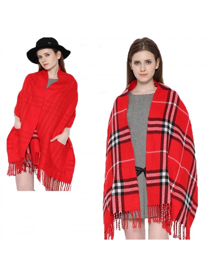 Da Ben Tai Women's Cashmere double sided fringed plaid scarf shawl with pocket - Red - CD187ED8WH2