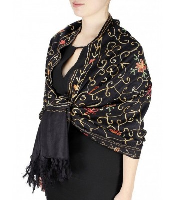 Elegantly Hand Embroidered Floral Design Pashmina Shawl - Black - CS11FARQ661