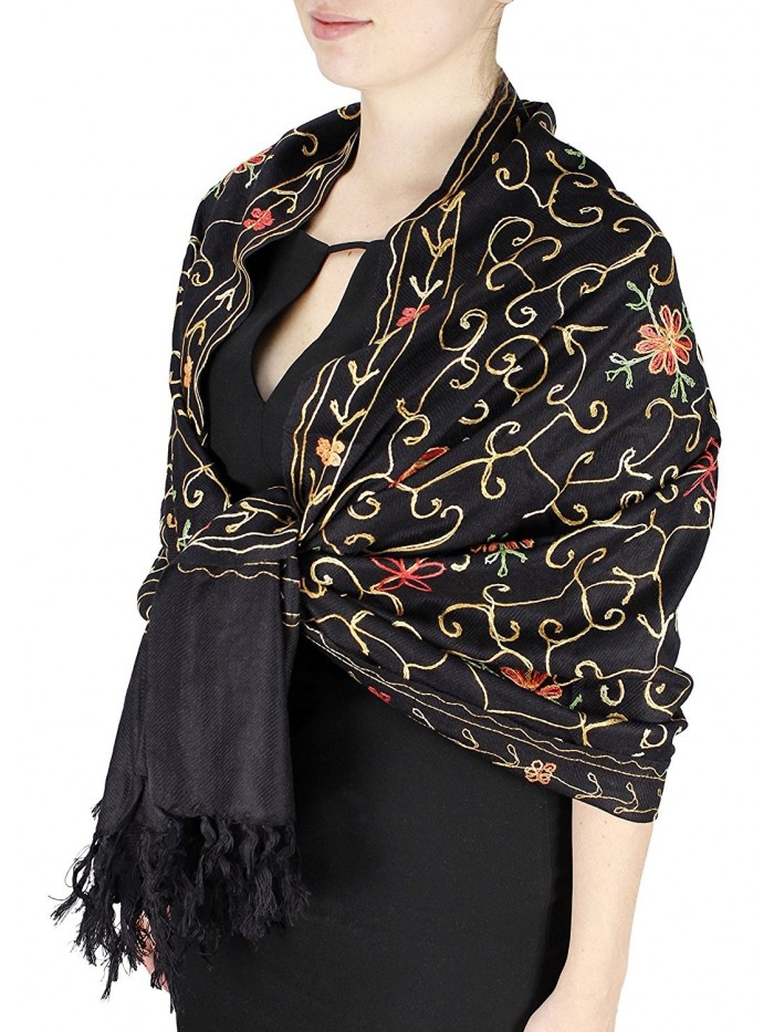 Elegantly Hand Embroidered Floral Design Pashmina Shawl - Black - CS11FARQ661