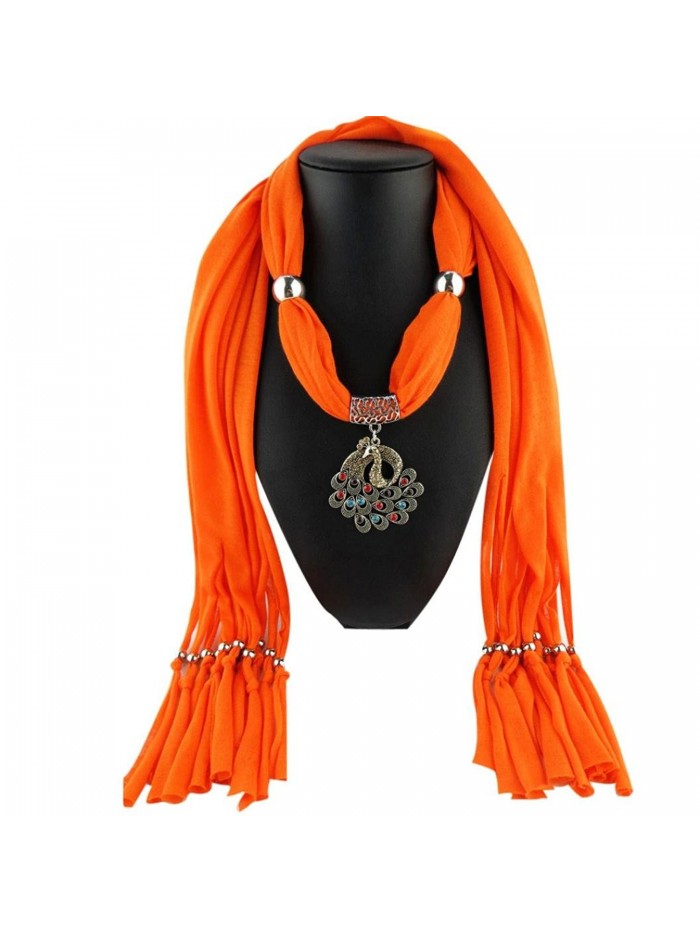 Deamyth Women Pendant Necklace Scarf Multicolor Rhinestone Peafowl Tassel Scarves - Orange - CN12N2P99LA