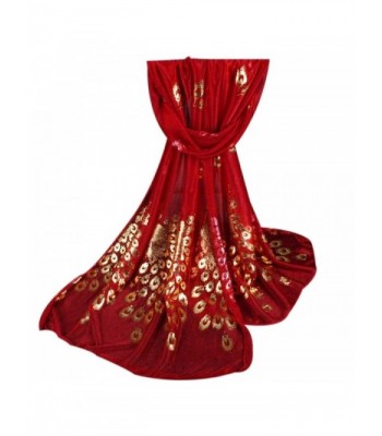 Deamyth Women Chiffon Scarf Peacock Printing Gold Stamping Long Wrap Shawl Scarves - Red - C012NDW4G1P