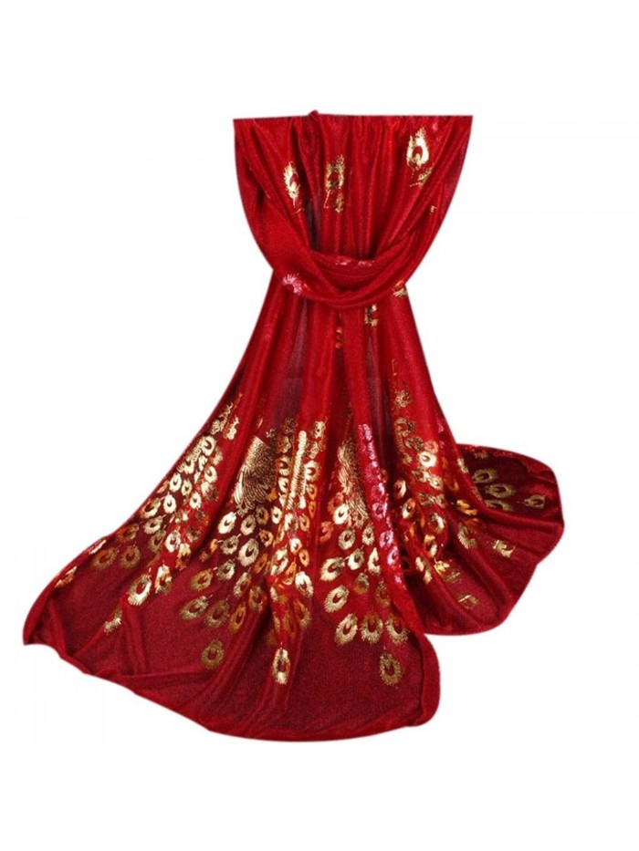 Deamyth Women Chiffon Scarf Peacock Printing Gold Stamping Long Wrap Shawl Scarves - Red - C012NDW4G1P