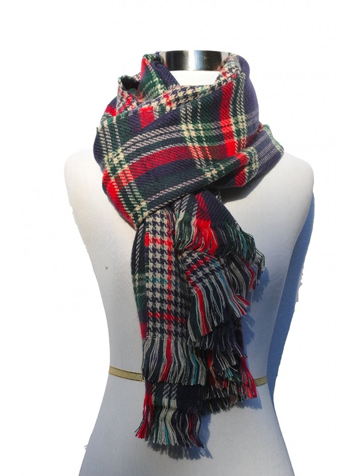 Izzy & Roo Reversible Plaid Scarf Plaid Shawl - Navy/Green - C1126HCC8HT