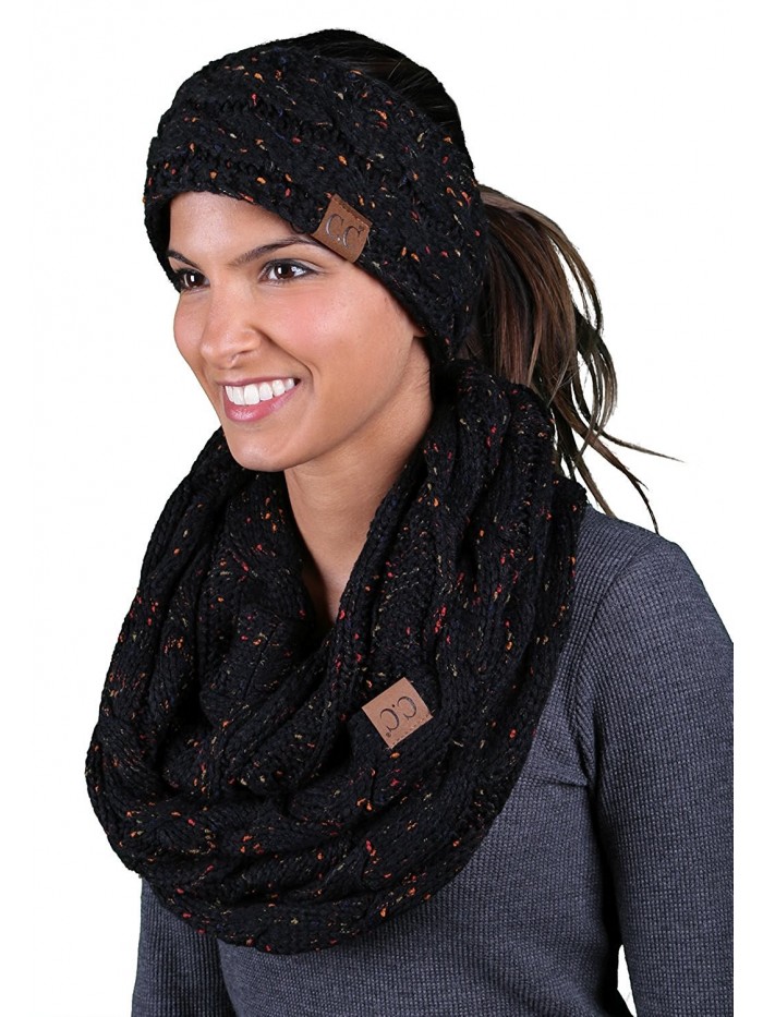 CC Confetti Cable Knit Fuzzy Lined Head Wrap With Matching Infinity Scarf - A Confetti Black Design - CX188ZY5IAG